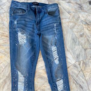 Bebe Beautiful Bling Skinny Jeans Ripped Light Blue Crystal Embellished Rare 25